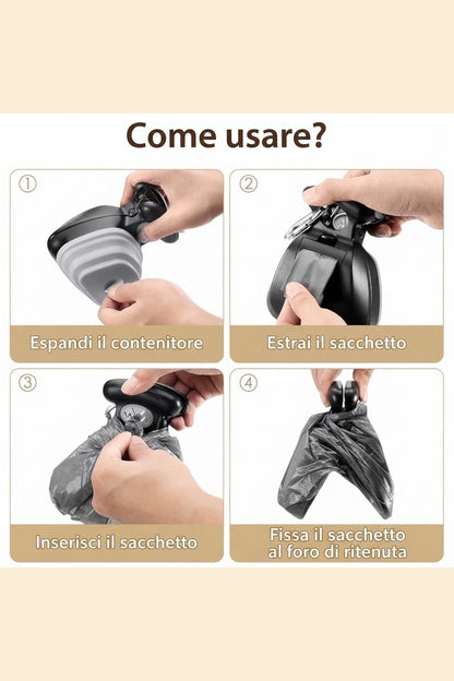 raccogli bisogni portatile con dispenser per cani e gatti